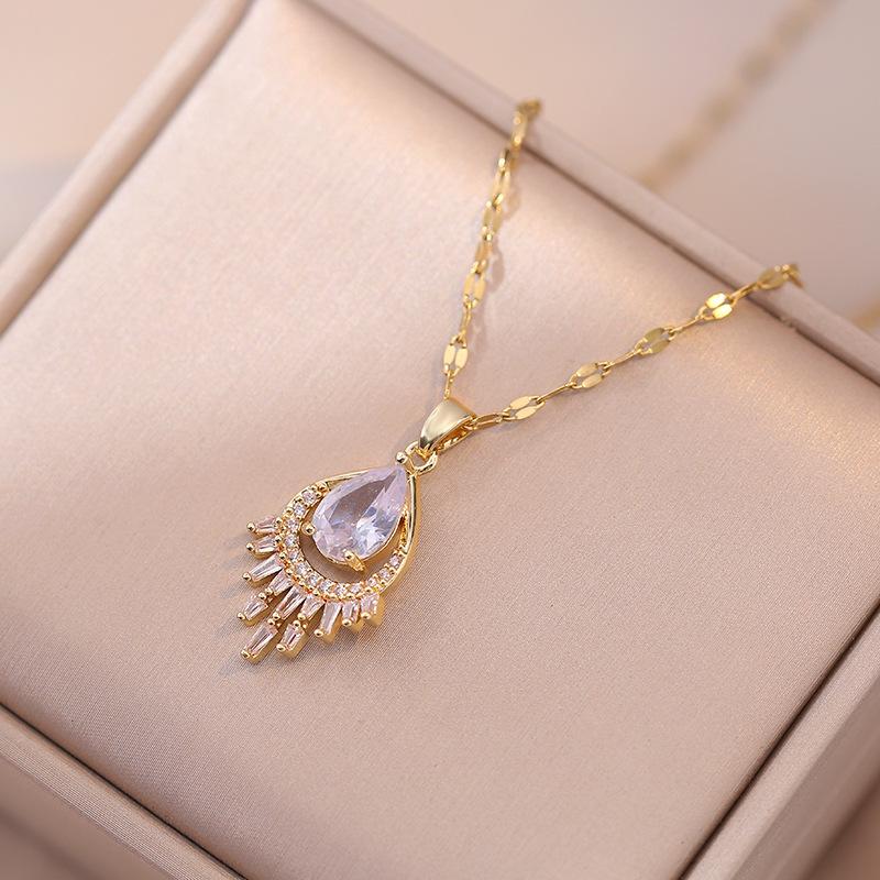 Drop Shape Zirconia Pendant Necklace for Women Fashion Gold Color Stainless Steel Necklaces Party Jewelry Accessories