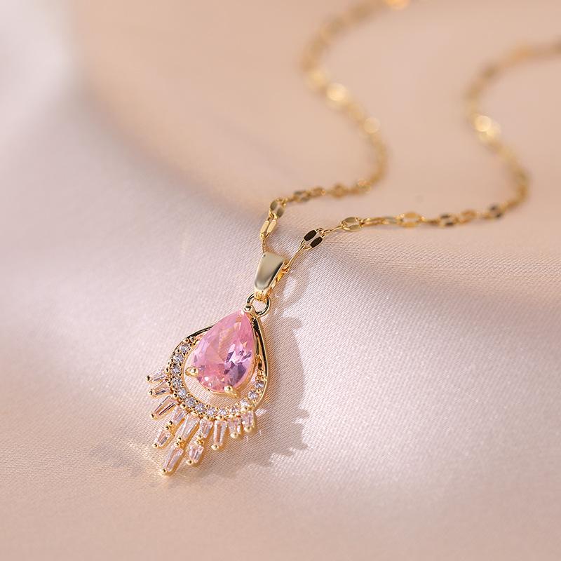 Drop Shape Zirconia Pendant Necklace for Women Fashion Gold Color Stainless Steel Necklaces Party Jewelry Accessories