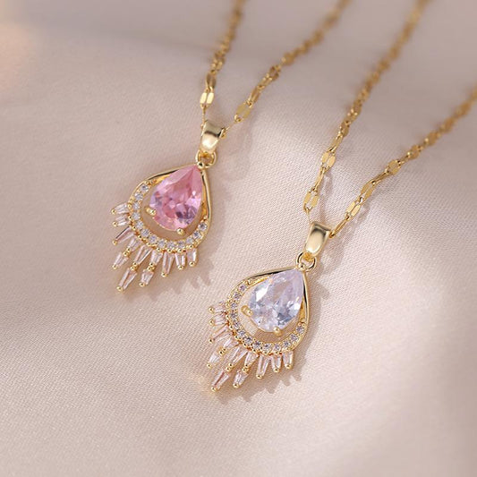 Drop Shape Zirconia Pendant Necklace for Women Fashion Gold Color Stainless Steel Necklaces Party Jewelry Accessories
